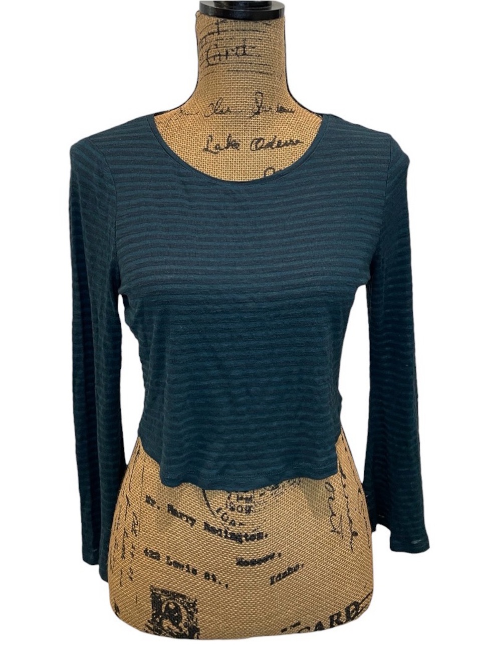 Dark Teal Long Sleeve Scoop Neck Striped Crop Top
